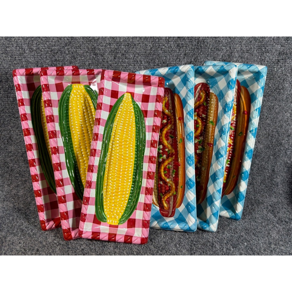 Vintage Ullmanware Plastic Corn & Hot Dog Trays Set of 6 Retro Gingham Picnic